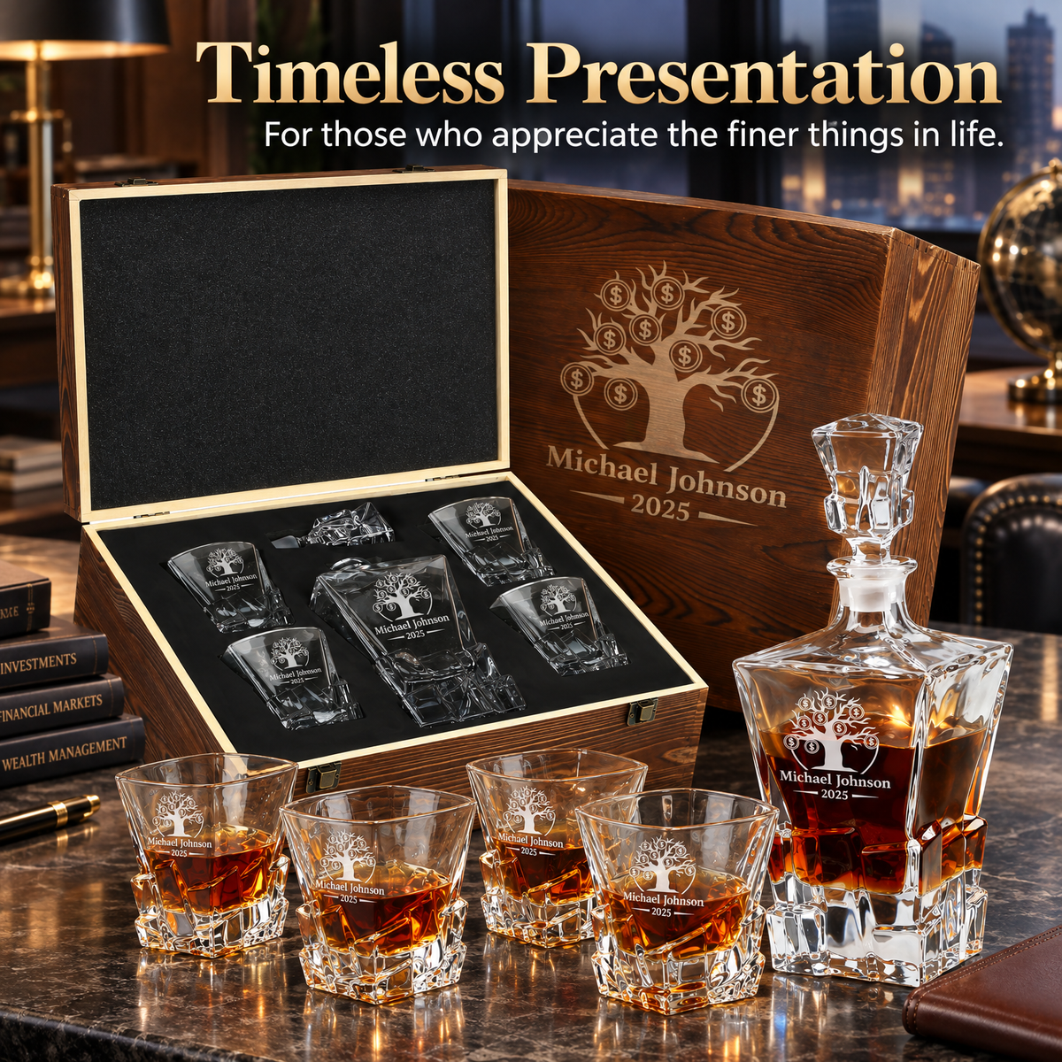 Finance Company Gifts – Rocks Decanter Set with 4 Glasses & Wooden Box – image 12