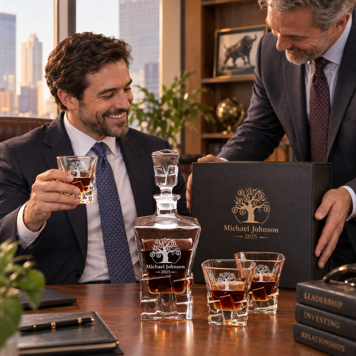 Finance Company Gifts – Rocks Decanter Set with 4 Glasses & Wooden Box – image 13