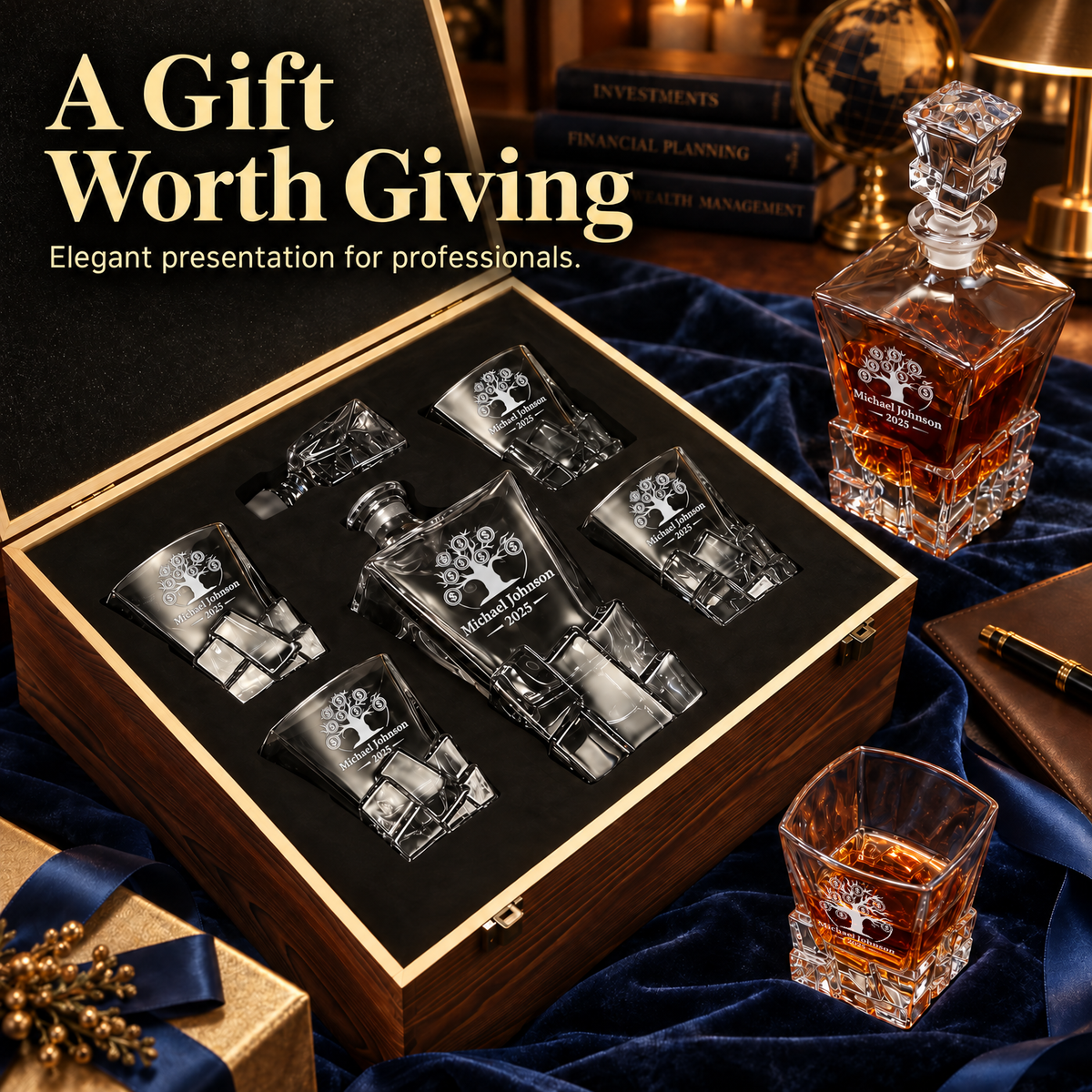 Finance Company Gifts – Rocks Decanter Set with 4 Glasses & Wooden Box product image