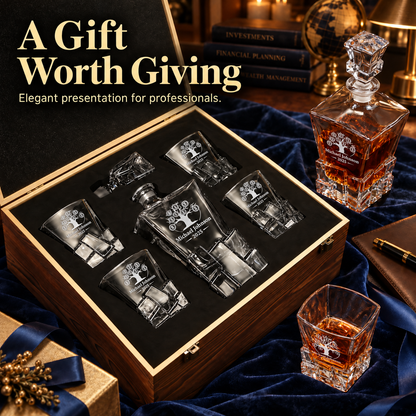 Finance Company Gifts – Rocks Decanter Set with 4 Glasses & Wooden Box – image 16