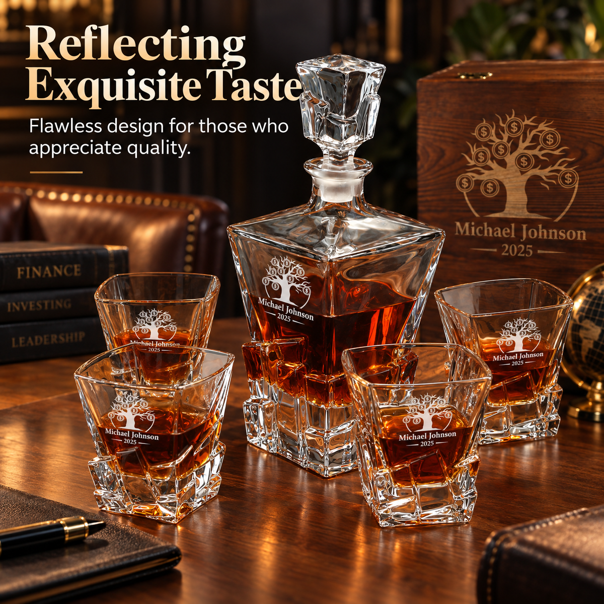 Finance Company Gifts – Rocks Decanter Set with 4 Glasses & Wooden Box product image
