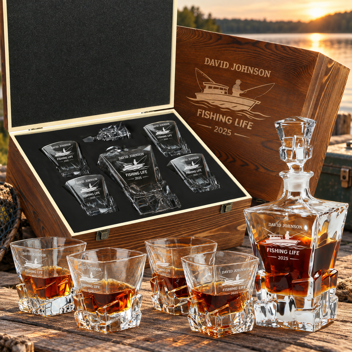 Gift for Fishermen – Rocks Decanter Set with 4 Glasses & Wooden Box – image 01