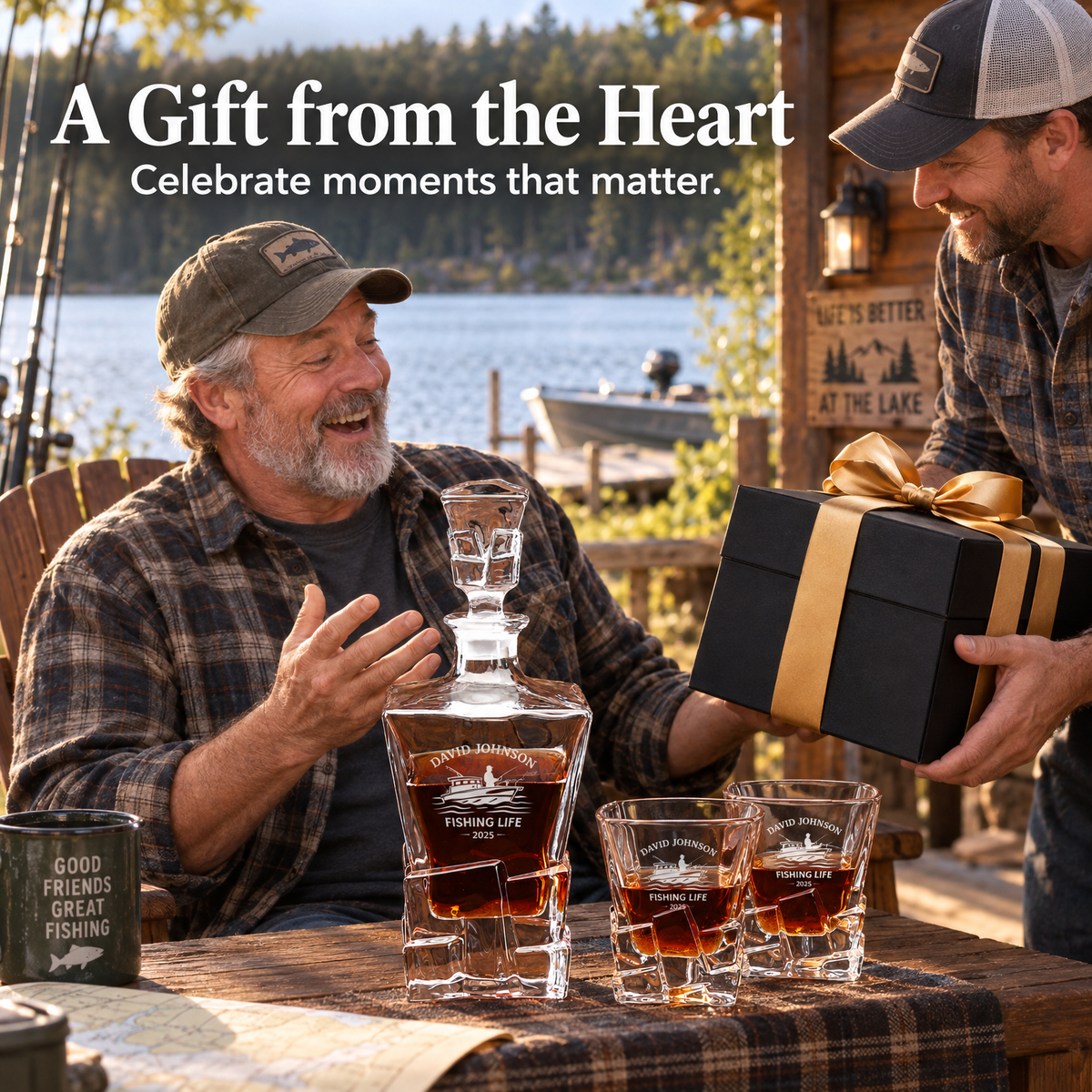 Gift for Fishermen – Rocks Decanter Set with 4 Glasses & Wooden Box product image