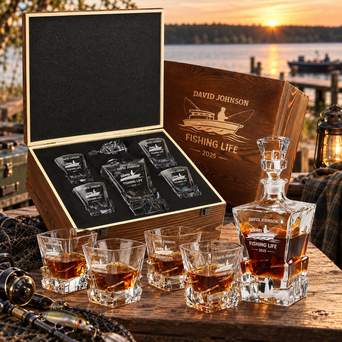 Gift for Fishermen – Rocks Decanter Set with 4 Glasses & Wooden Box – image 04