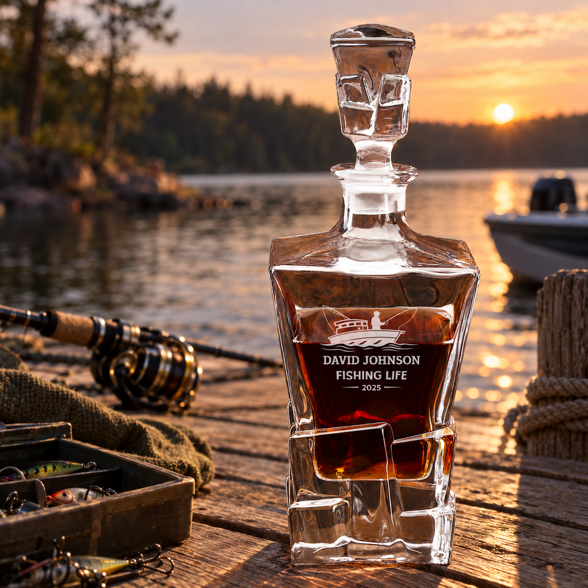 Gift for Fishermen – Rocks Decanter Set with 4 Glasses & Wooden Box – image 06