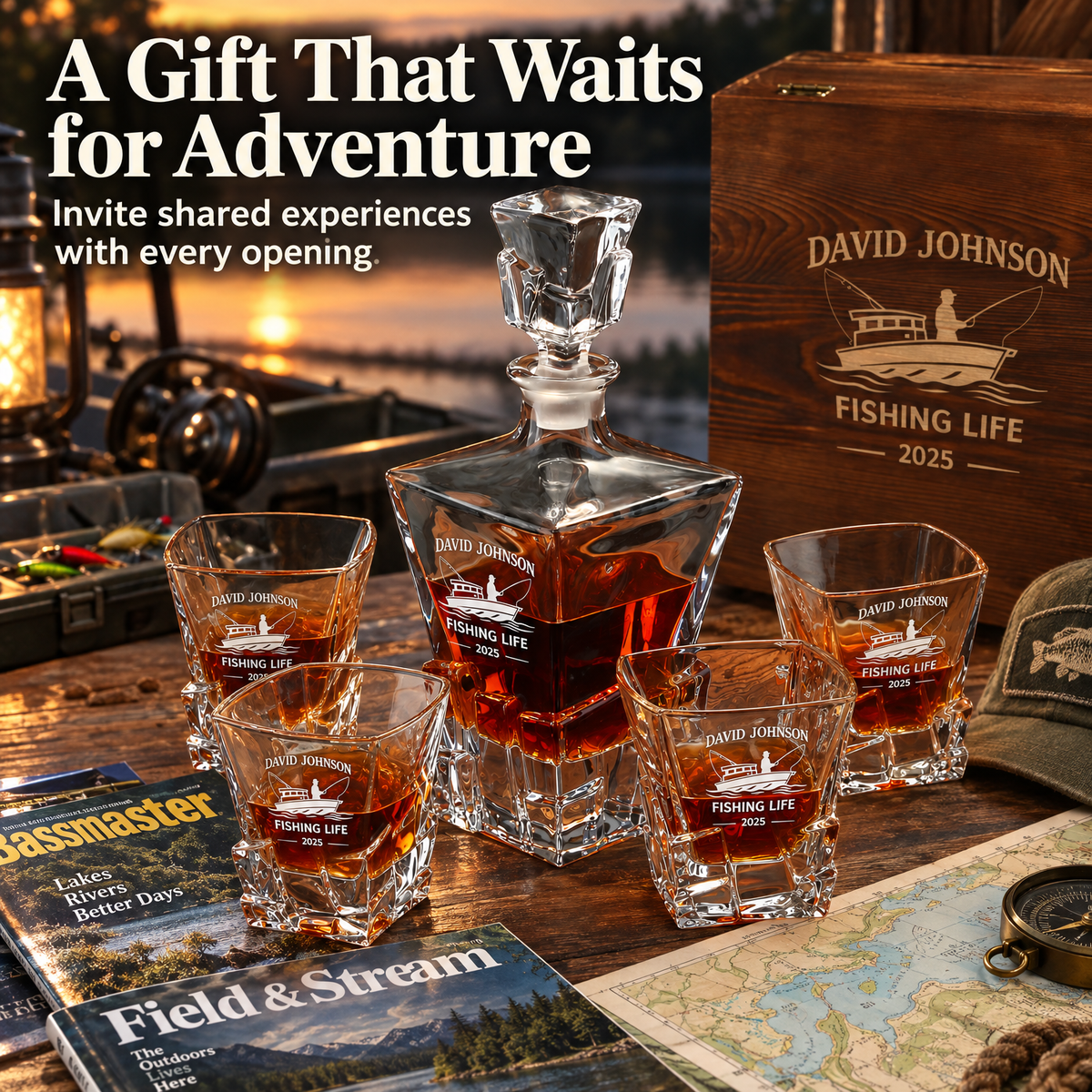 Gift for Fishermen – Rocks Decanter Set with 4 Glasses & Wooden Box – image 16
