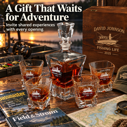 Gift for Fishermen – Rocks Decanter Set with 4 Glasses & Wooden Box – image 16