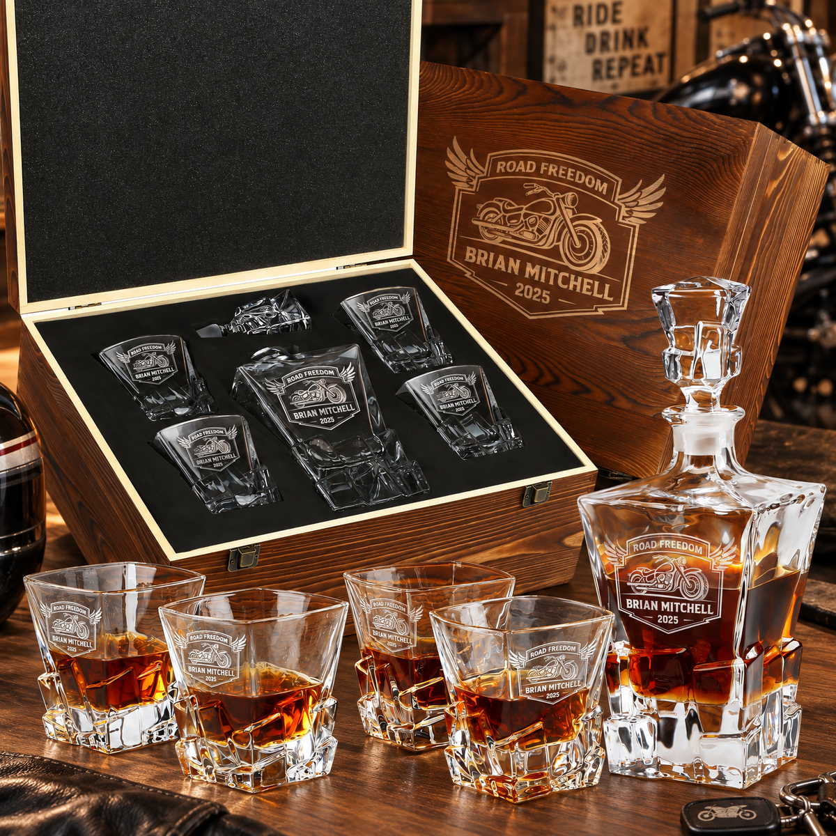 Gift for Car & Motorcycle Enthusiasts – Rocks Decanter Set with 4 Glasses & Wooden Box – image 01