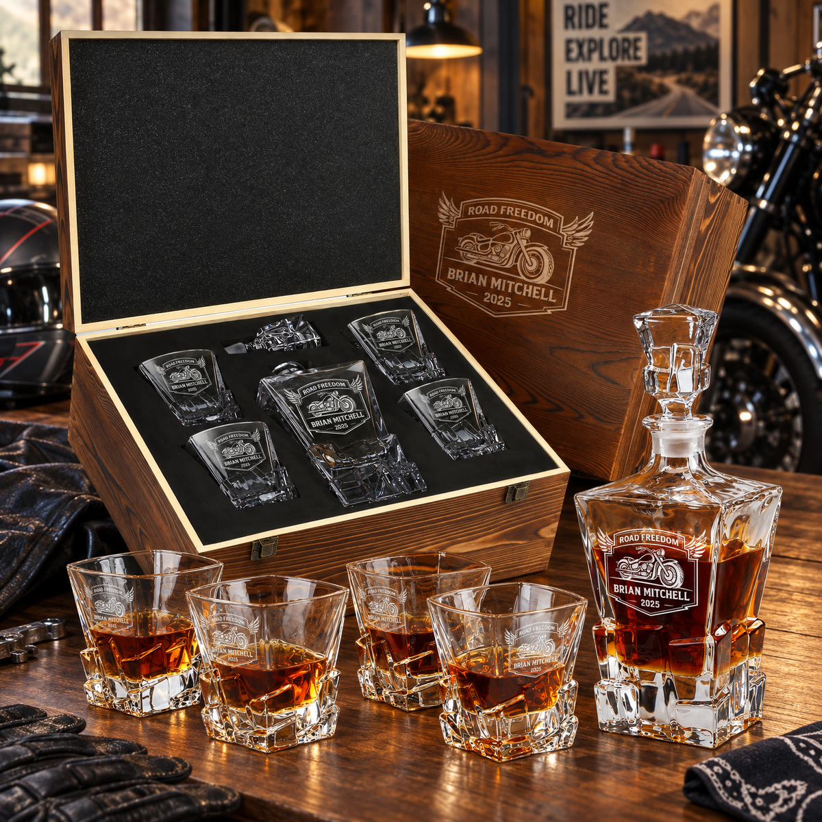 Gift for Car & Motorcycle Enthusiasts – Rocks Decanter Set with 4 Glasses & Wooden Box product image