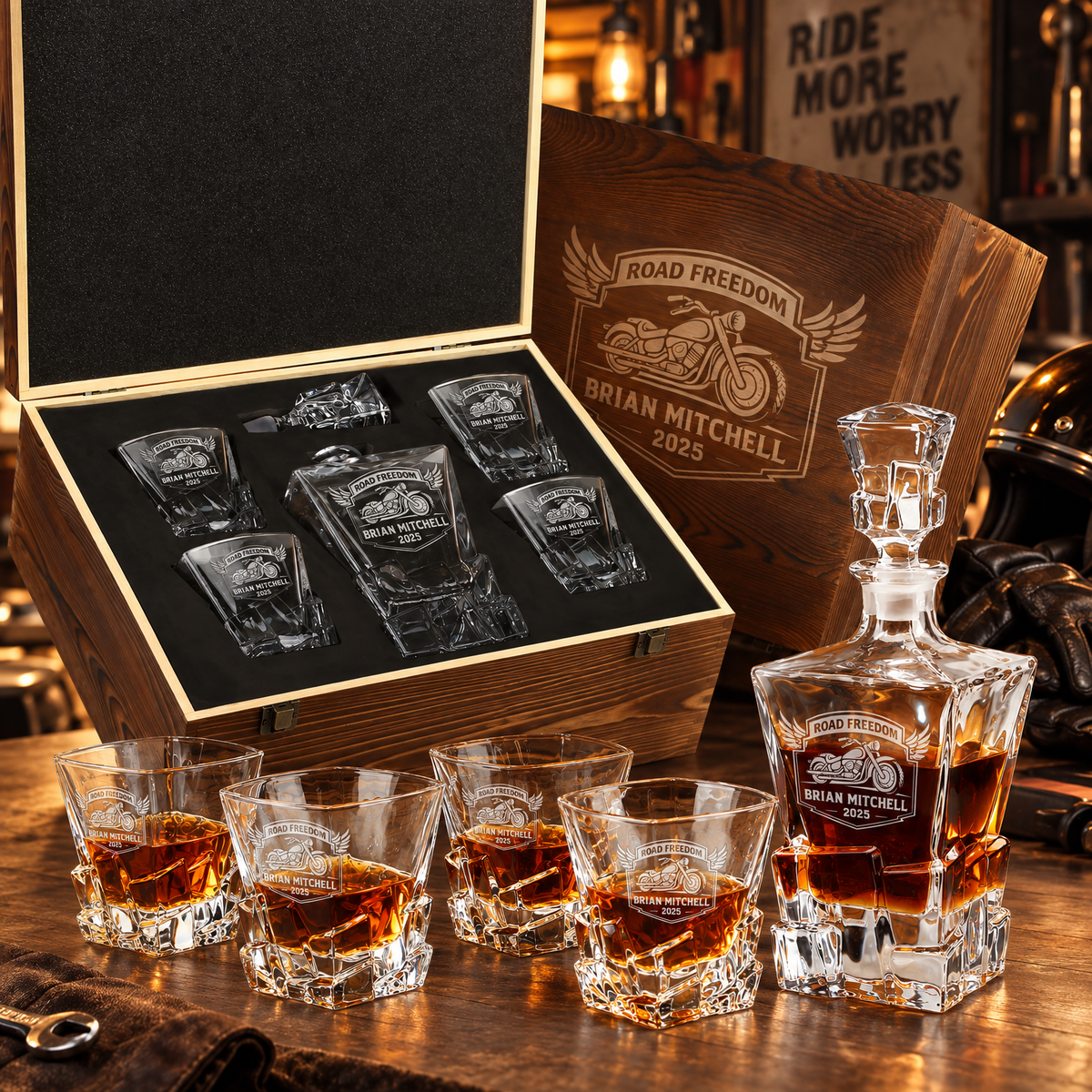 Gift for Car & Motorcycle Enthusiasts – Rocks Decanter Set with 4 Glasses & Wooden Box – image 06