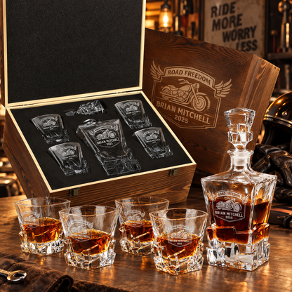 Gift for Car & Motorcycle Enthusiasts – Rocks Decanter Set with 4 Glasses & Wooden Box – image 06