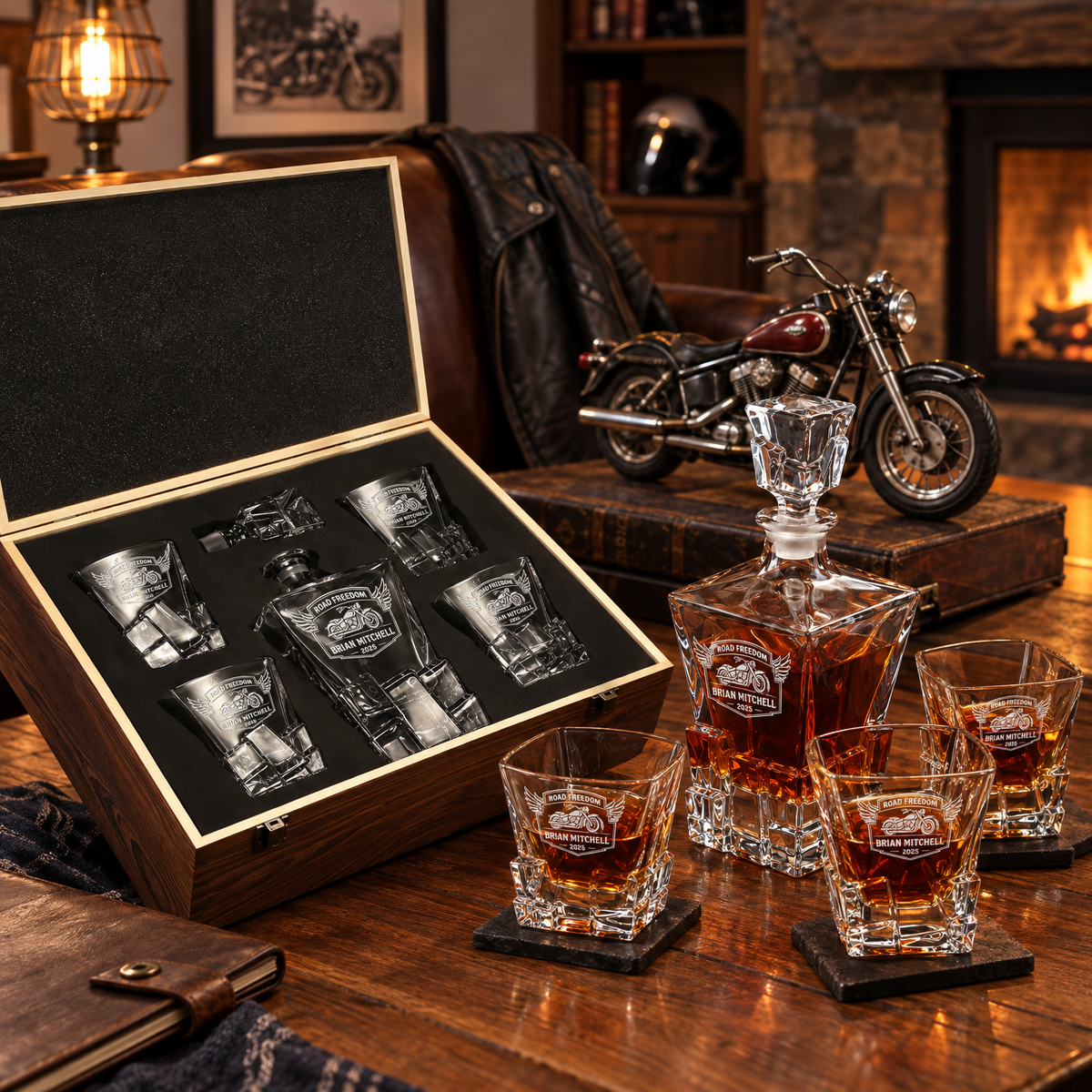 Gift for Car & Motorcycle Enthusiasts – Rocks Decanter Set with 4 Glasses & Wooden Box product image