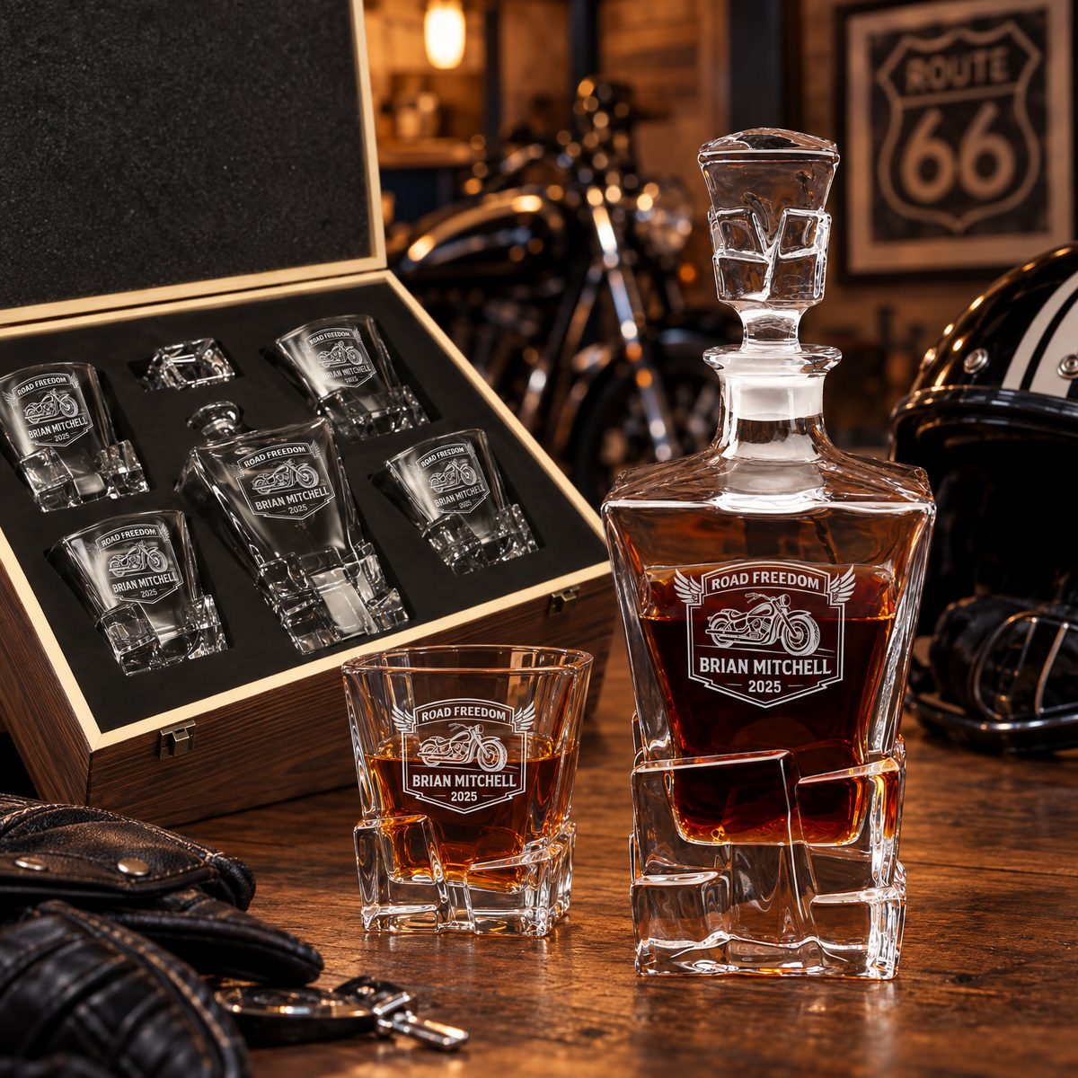 Gift for Car & Motorcycle Enthusiasts – Rocks Decanter Set with 4 Glasses & Wooden Box product image