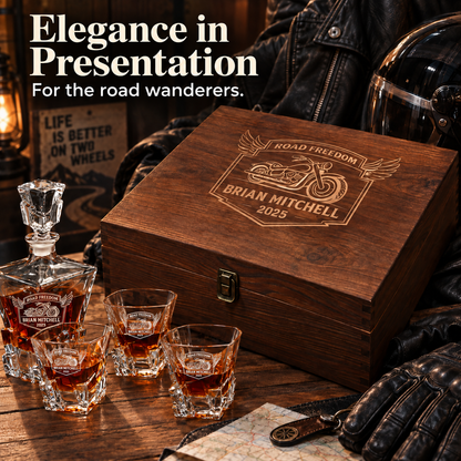 Gift for Car & Motorcycle Enthusiasts – Rocks Decanter Set with 4 Glasses & Wooden Box – image 12