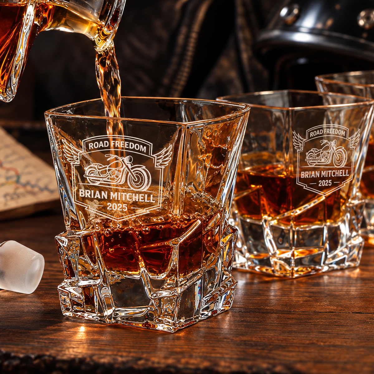 Gift for Car & Motorcycle Enthusiasts – Rocks Decanter Set with 4 Glasses & Wooden Box product image