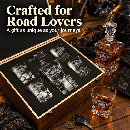 Gift for Car & Motorcycle Enthusiasts – Rocks Decanter Set with 4 Glasses & Wooden Box – image 16