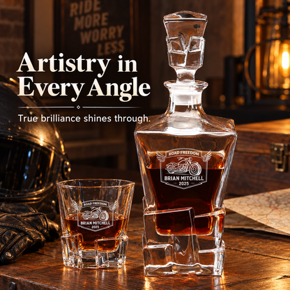 Gift for Car & Motorcycle Enthusiasts – Rocks Decanter Set with 4 Glasses & Wooden Box – image 18