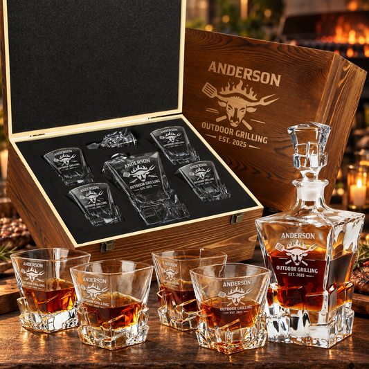 Gift for Grillmasters – Rocks Decanter Set with 4 Glasses & Wooden Box – image 01