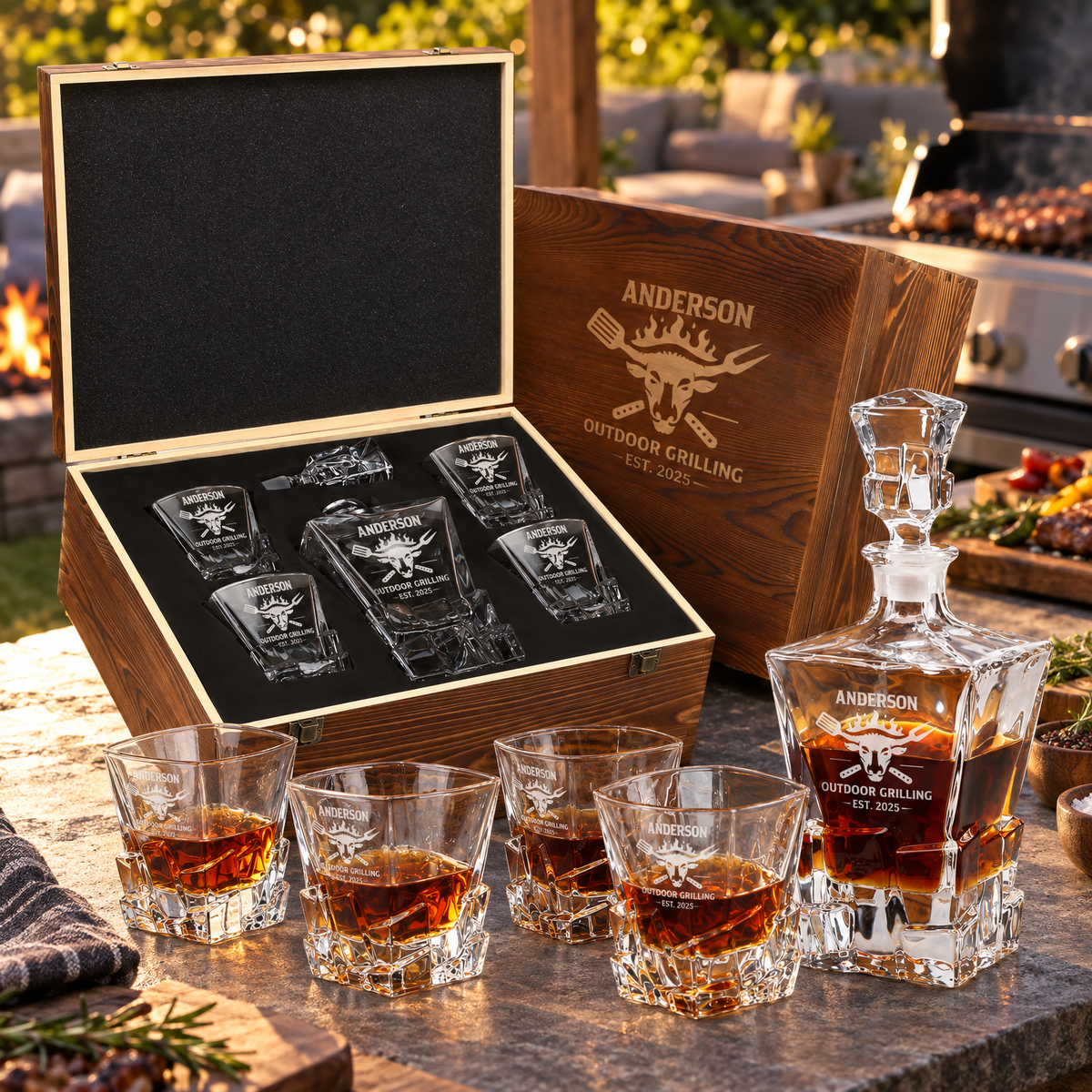 Gift for Grillmasters – Rocks Decanter Set with 4 Glasses & Wooden Box – image 04