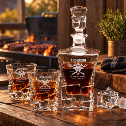 Gift for Grillmasters – Rocks Decanter Set with 4 Glasses & Wooden Box – image 06
