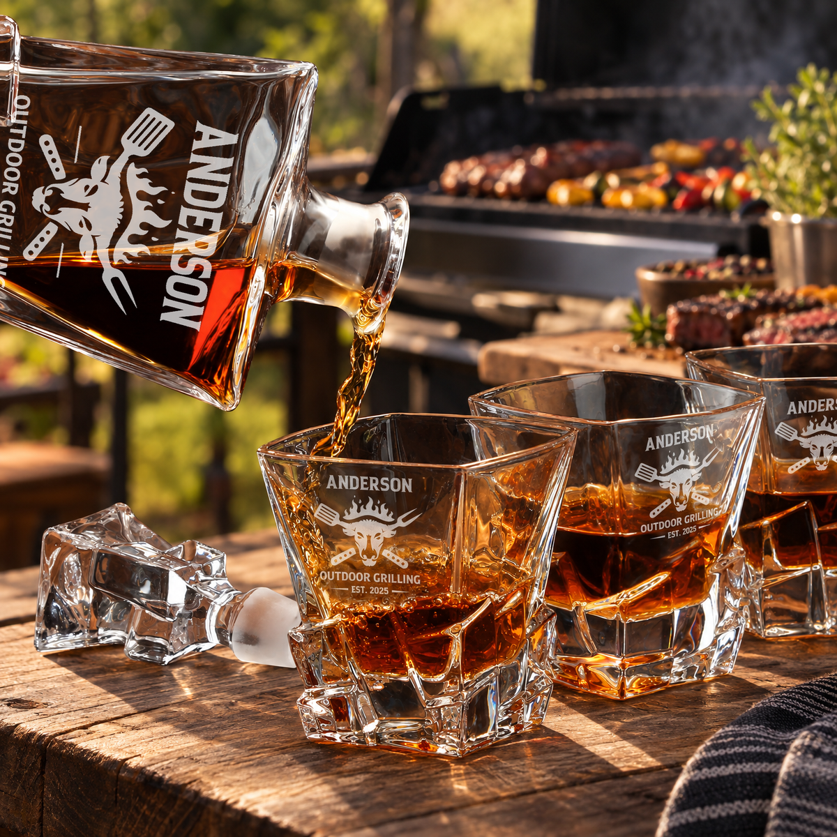 Gift for Grillmasters – Rocks Decanter Set with 4 Glasses & Wooden Box – image 10