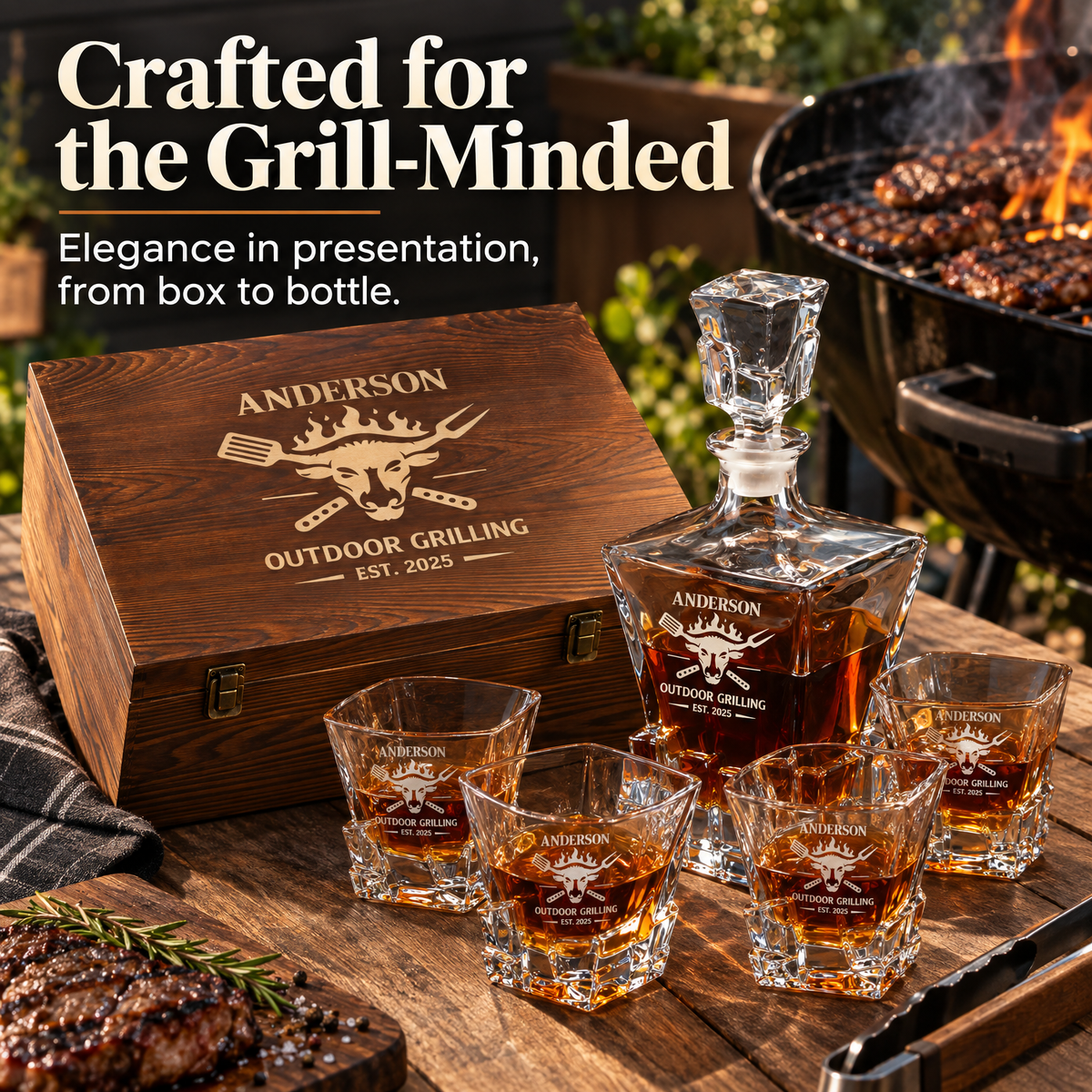 Gift for Grillmasters – Rocks Decanter Set with 4 Glasses & Wooden Box product image