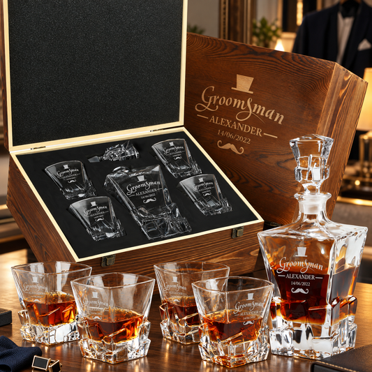 Groomsman Gift – Rocks Decanter Set with 4 Glasses & Wooden Box – image 01
