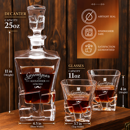 Groomsman Gift – Rocks Decanter Set with 4 Glasses & Wooden Box – image 02