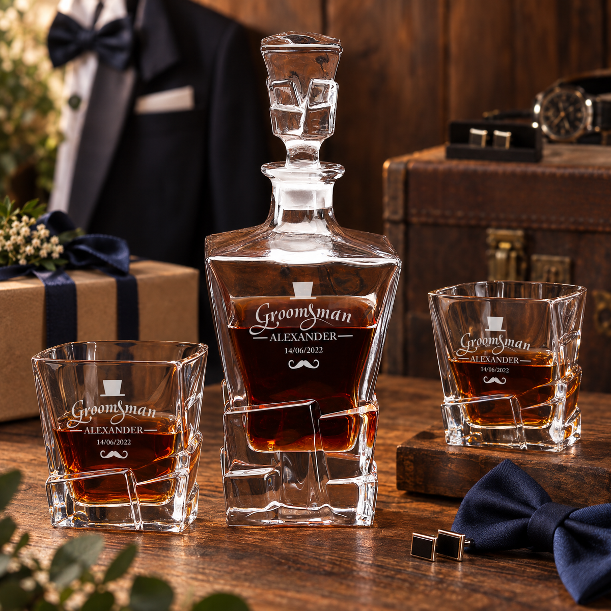 Groomsman Gift – Rocks Decanter Set with 4 Glasses & Wooden Box product image