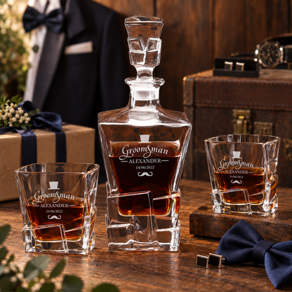 Groomsman Gift – Rocks Decanter Set with 4 Glasses & Wooden Box – image 04