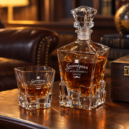 Groomsman Gift – Rocks Decanter Set with 4 Glasses & Wooden Box – image 06