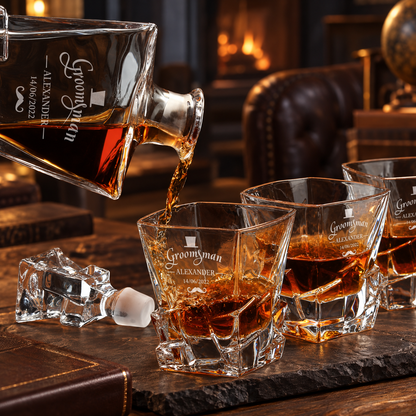 Groomsman Gift – Rocks Decanter Set with 4 Glasses & Wooden Box – image 08