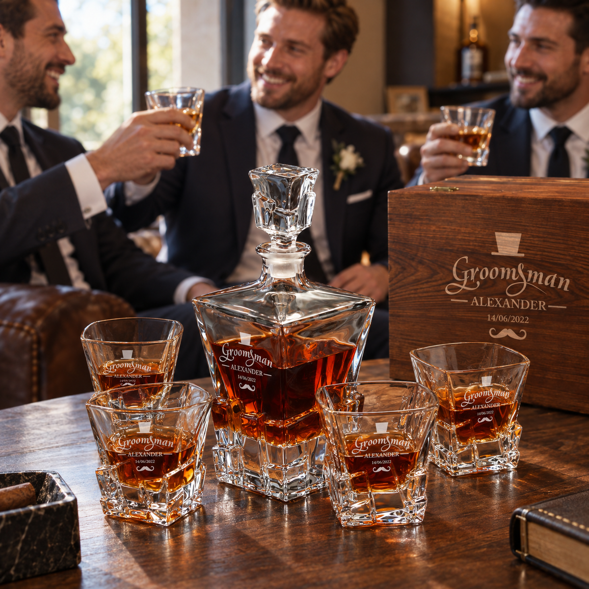 Groomsman Gift – Rocks Decanter Set with 4 Glasses & Wooden Box product image