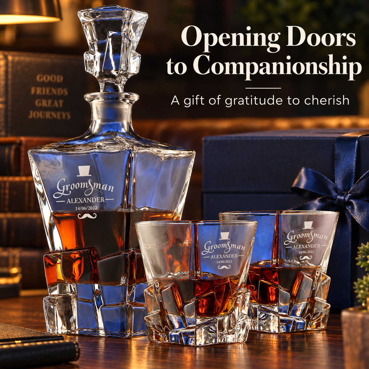 Groomsman Gift – Rocks Decanter Set with 4 Glasses & Wooden Box – image 16