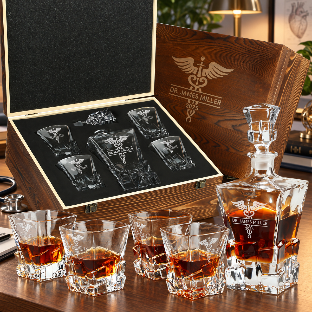 Healthcare Company Gifts – Rocks Decanter Set with 4 Glasses & Wooden Box – image 01