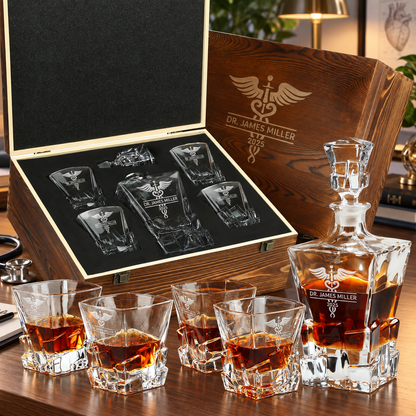 Healthcare Company Gifts – Rocks Decanter Set with 4 Glasses & Wooden Box – image 01