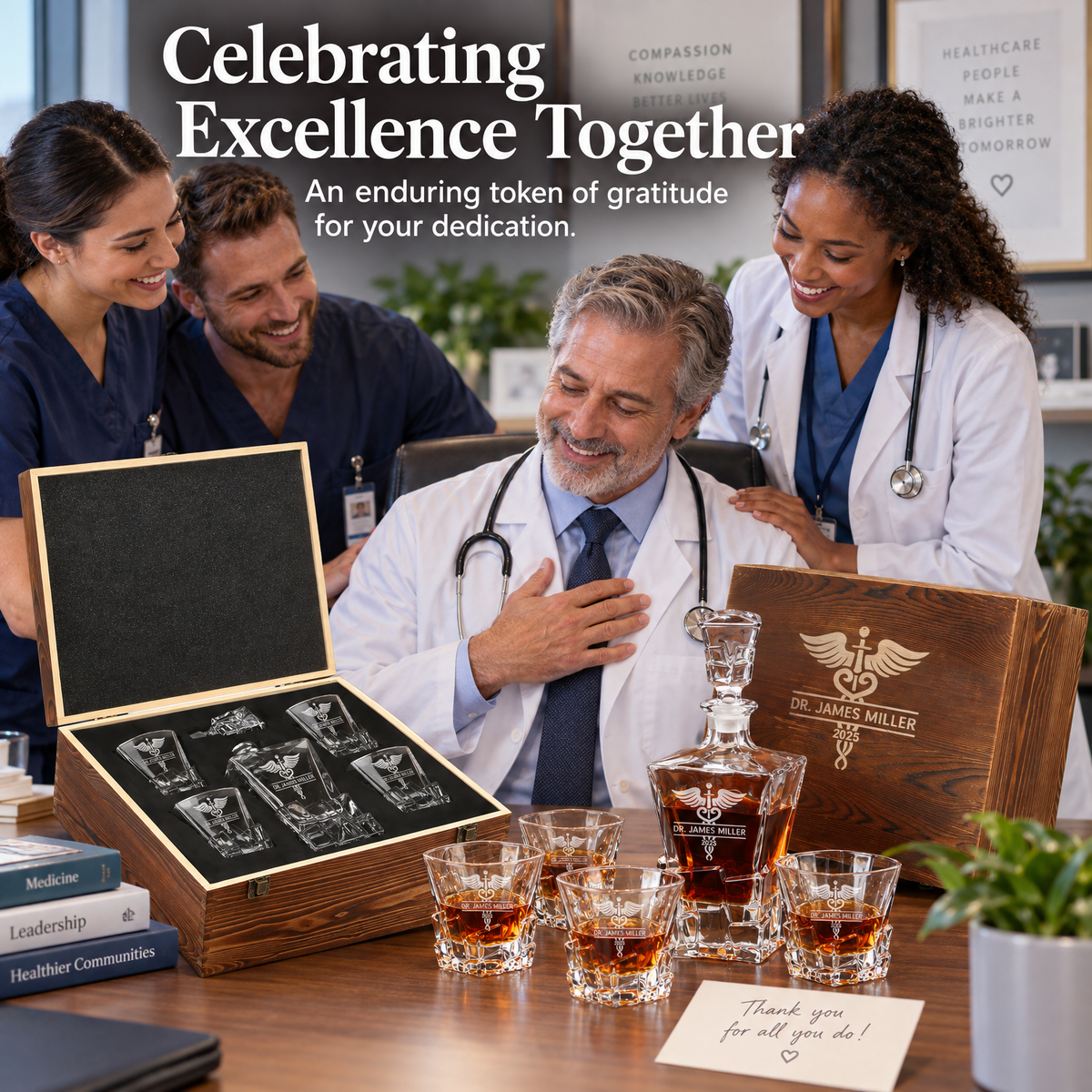 Healthcare Company Gifts – Rocks Decanter Set with 4 Glasses & Wooden Box product image