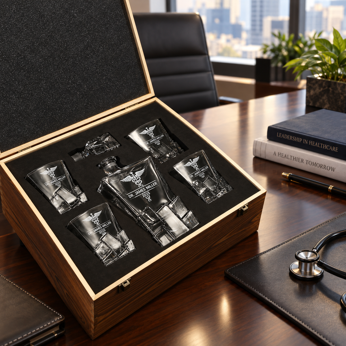 Healthcare Company Gifts – Rocks Decanter Set with 4 Glasses & Wooden Box product image