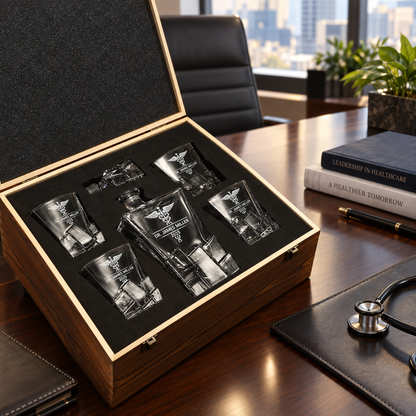 Healthcare Company Gifts – Rocks Decanter Set with 4 Glasses & Wooden Box – image 04
