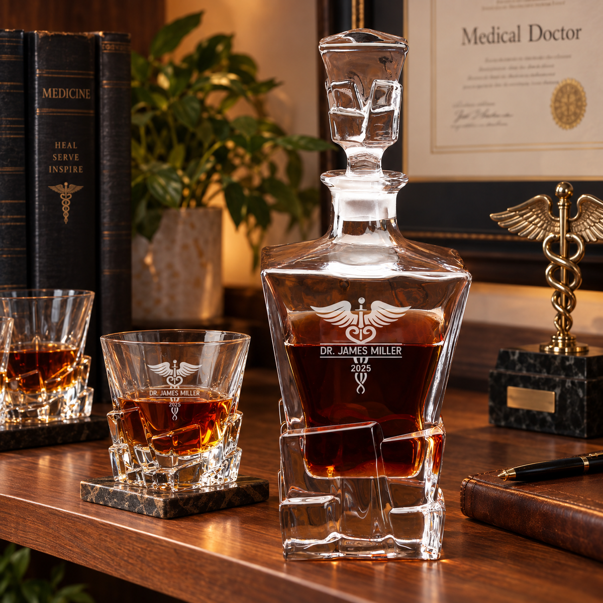 Healthcare Company Gifts – Rocks Decanter Set with 4 Glasses & Wooden Box – image 06