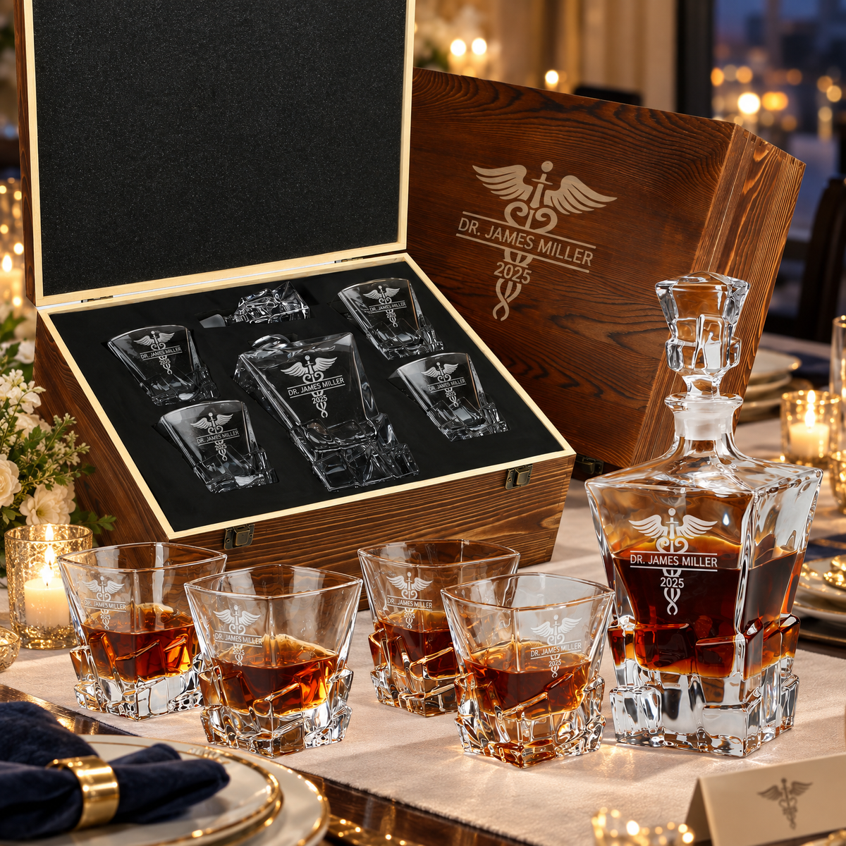 Healthcare Company Gifts – Rocks Decanter Set with 4 Glasses & Wooden Box – image 08
