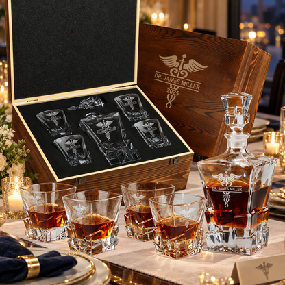 Healthcare Company Gifts – Rocks Decanter Set with 4 Glasses & Wooden Box – image 08