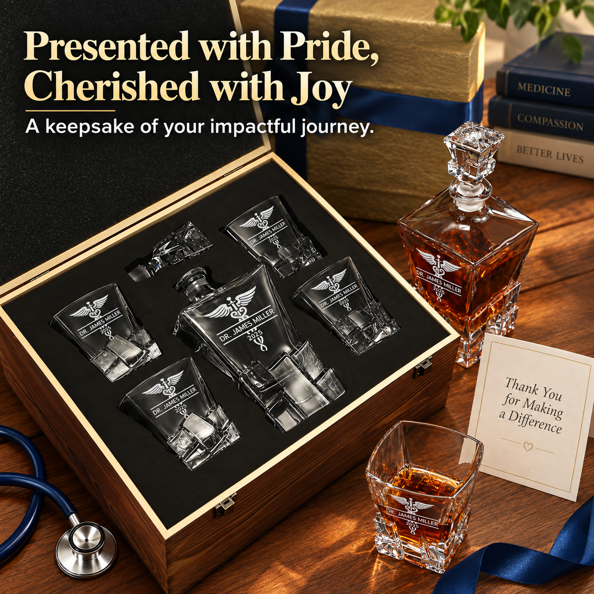 Healthcare Company Gifts – Rocks Decanter Set with 4 Glasses & Wooden Box – image 16