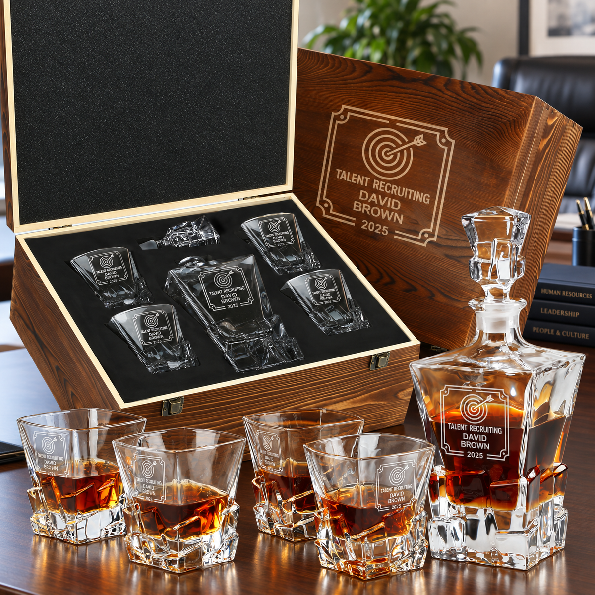 Human Resources Company Gifts – Rocks Decanter Set with 4 Glasses & Wooden Box – image 01