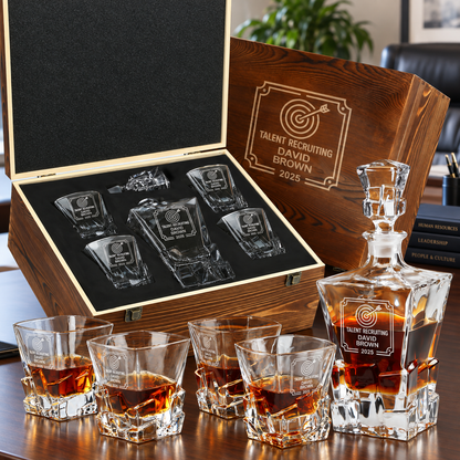 Human Resources Company Gifts – Rocks Decanter Set with 4 Glasses & Wooden Box – image 01
