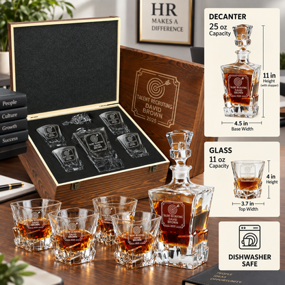 Human Resources Company Gifts – Rocks Decanter Set with 4 Glasses & Wooden Box – image 02