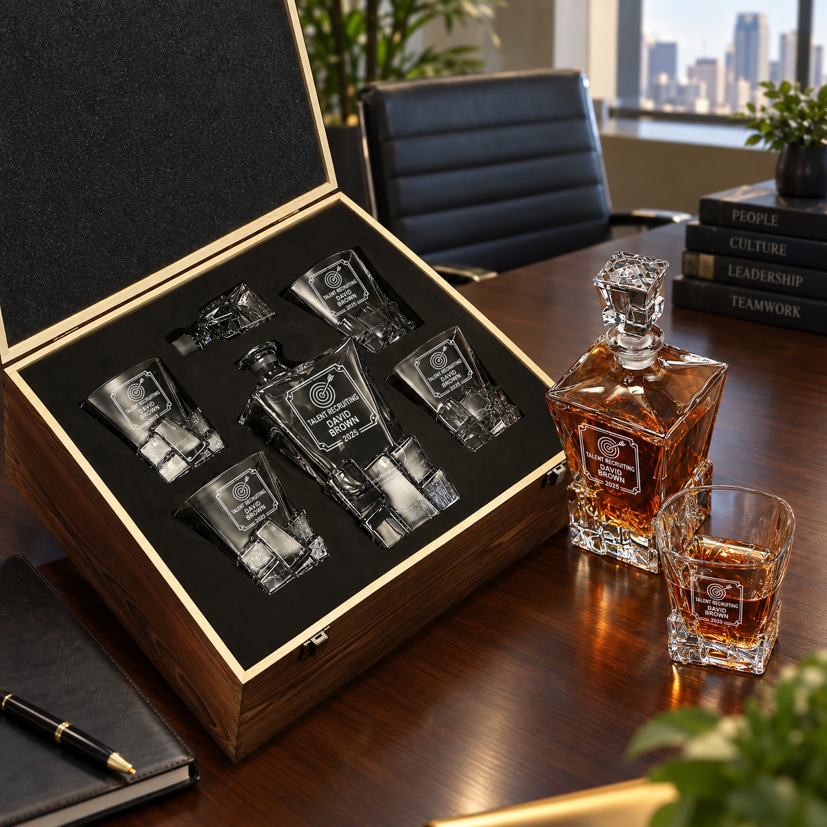 Human Resources Company Gifts – Rocks Decanter Set with 4 Glasses & Wooden Box – image 04