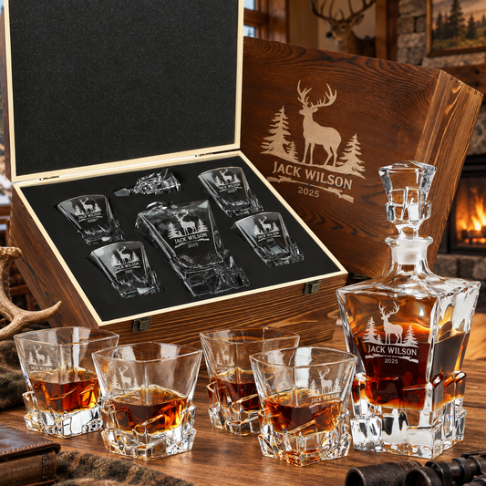 Gift for Hunters – Rocks Decanter Set with 4 Glasses & Wooden Box – image 01