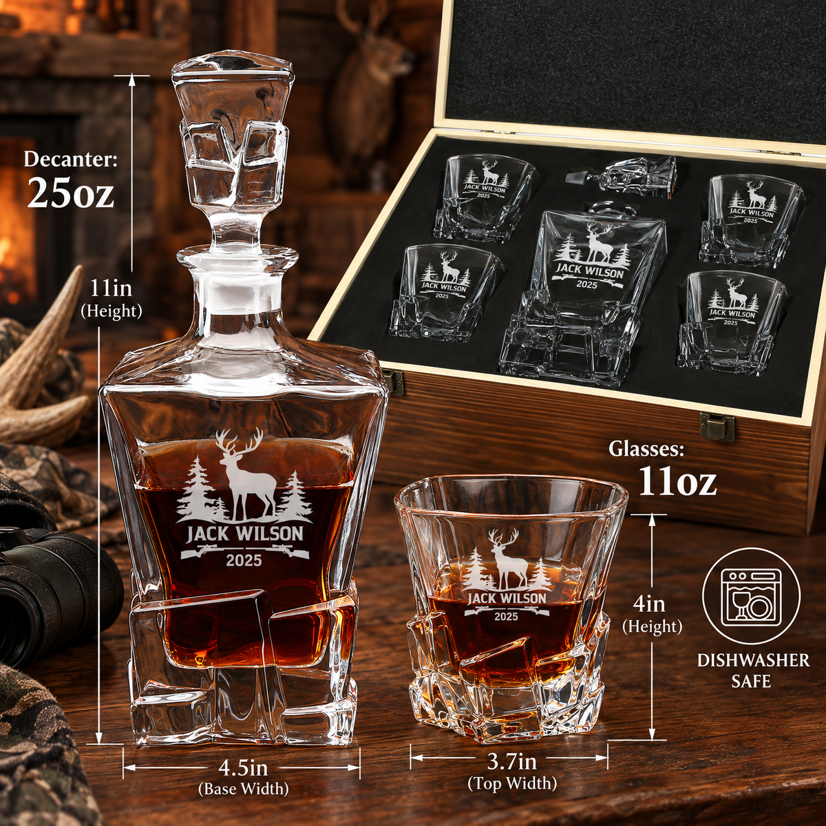 Gift for Hunters – Rocks Decanter Set with 4 Glasses & Wooden Box – image 02