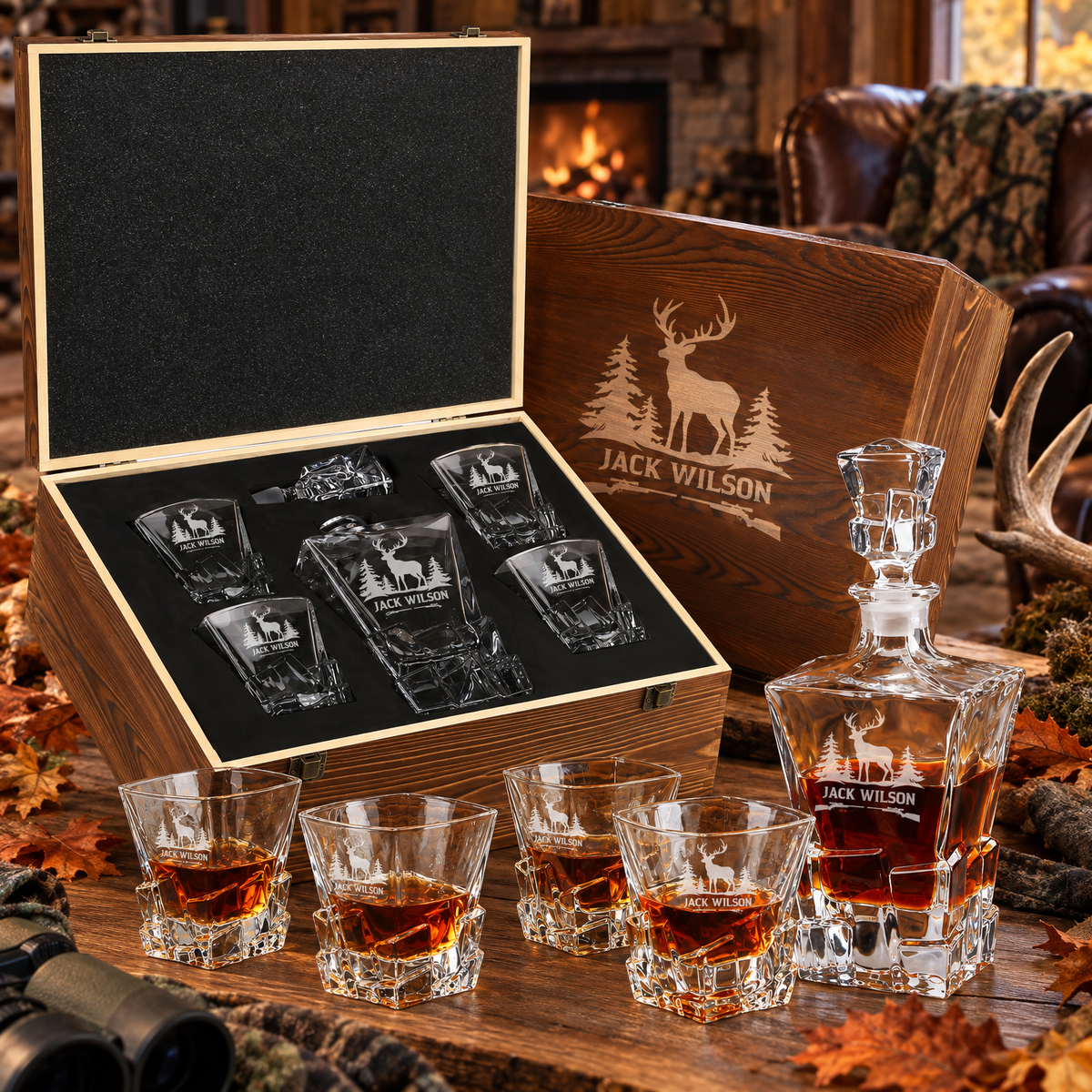 Gift for Hunters – Rocks Decanter Set with 4 Glasses & Wooden Box – image 04